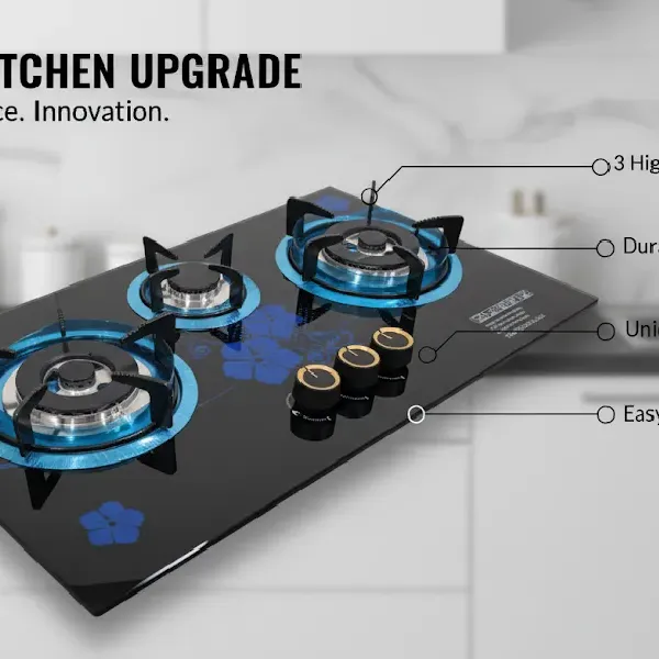 Kitchen Gas Stove Hob | 3 Burner LPG +NG Built-in Glass Top